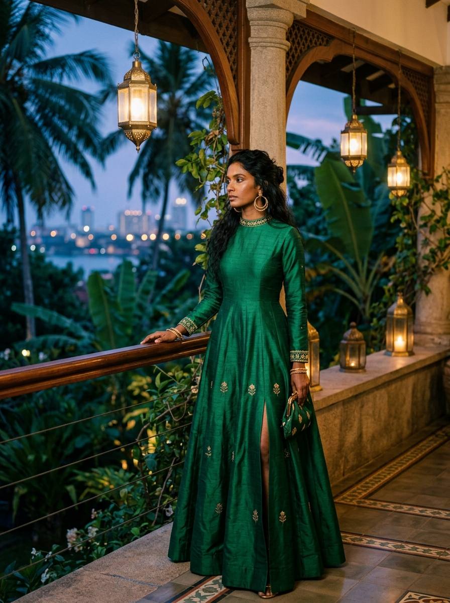 Model in emerald raw silk evening gown on Colombo terrace at blue hour