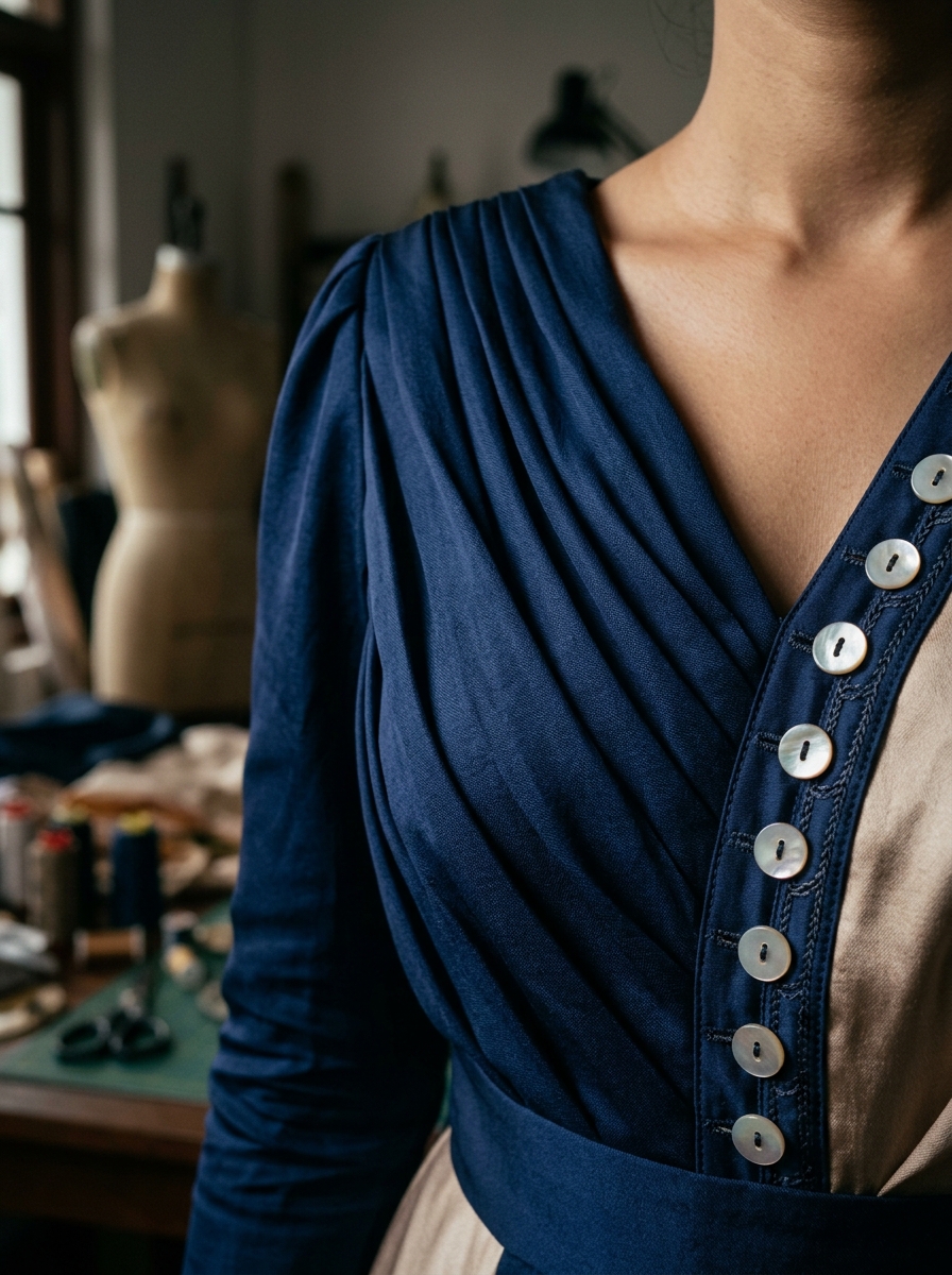 Artisanal seam pleating and mother-of-pearl buttons in Colombo atelier