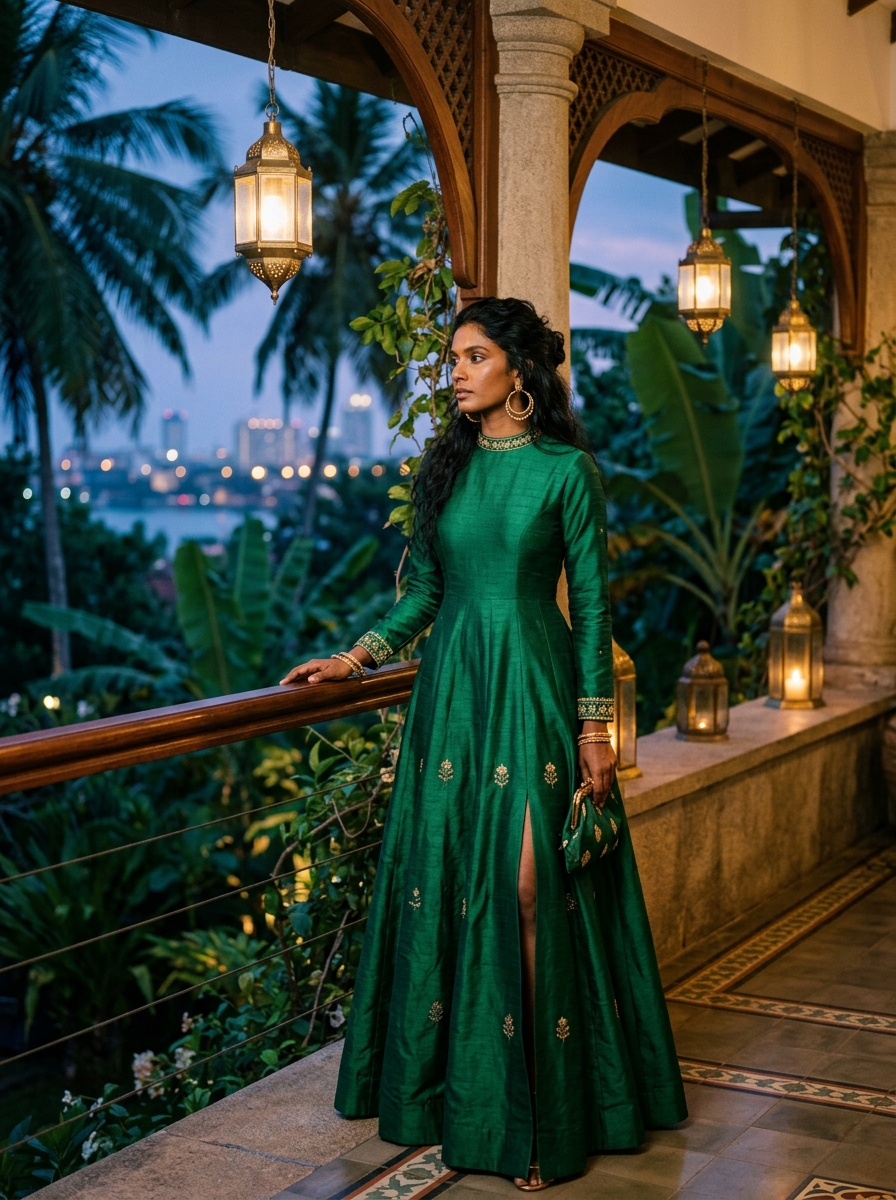 Model in emerald raw silk evening gown on Colombo terrace at blue hour